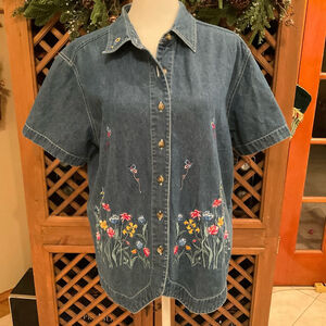 Vintage 90s Cabin Creek Cottage Core Denim Embroidered Womens Large Button Up